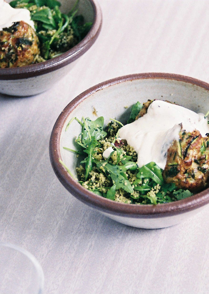 Vendredi. Chicken meatballs with herb couscous and yoghurt cream sauce